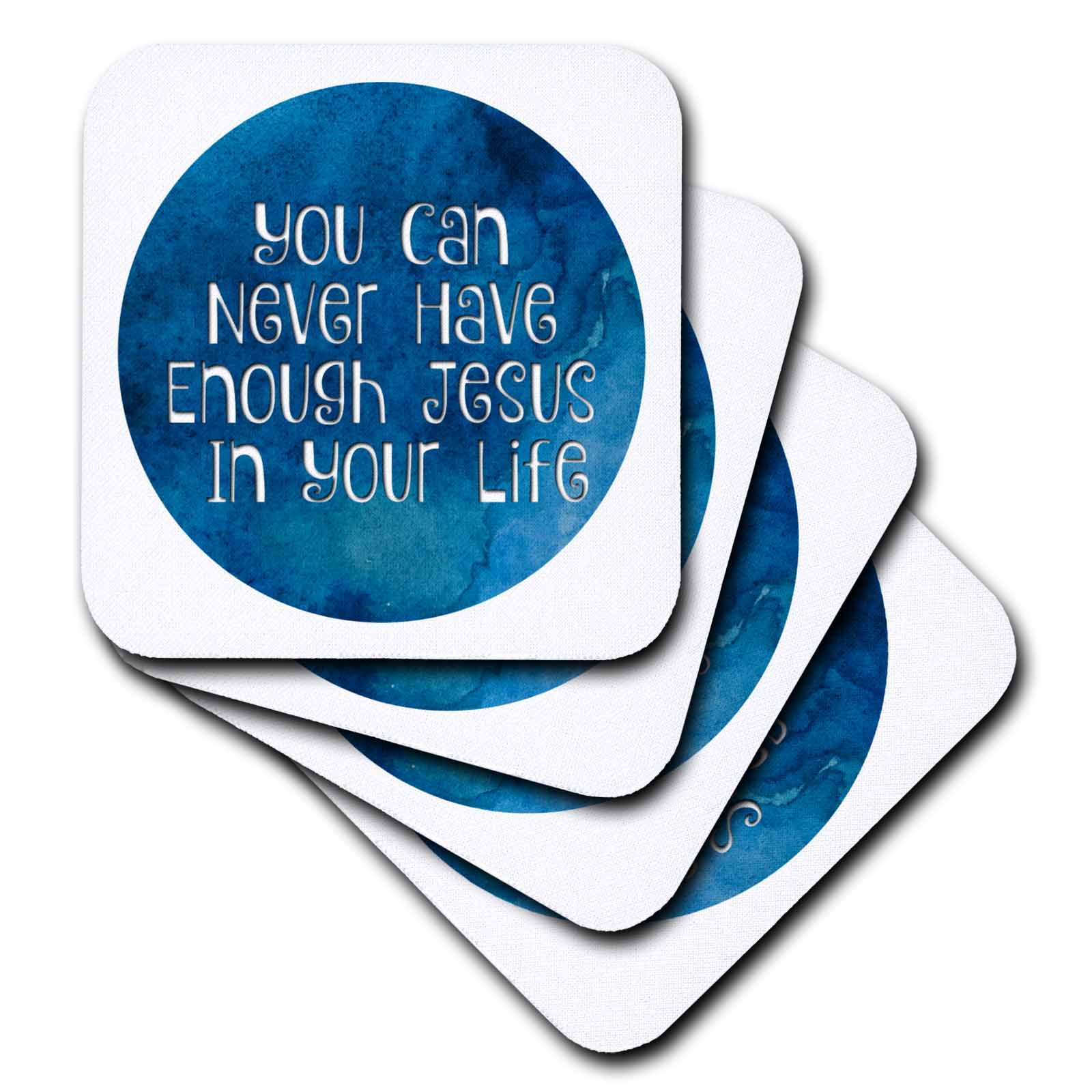 Square drink coasters, white with blue circular Jesus quote design