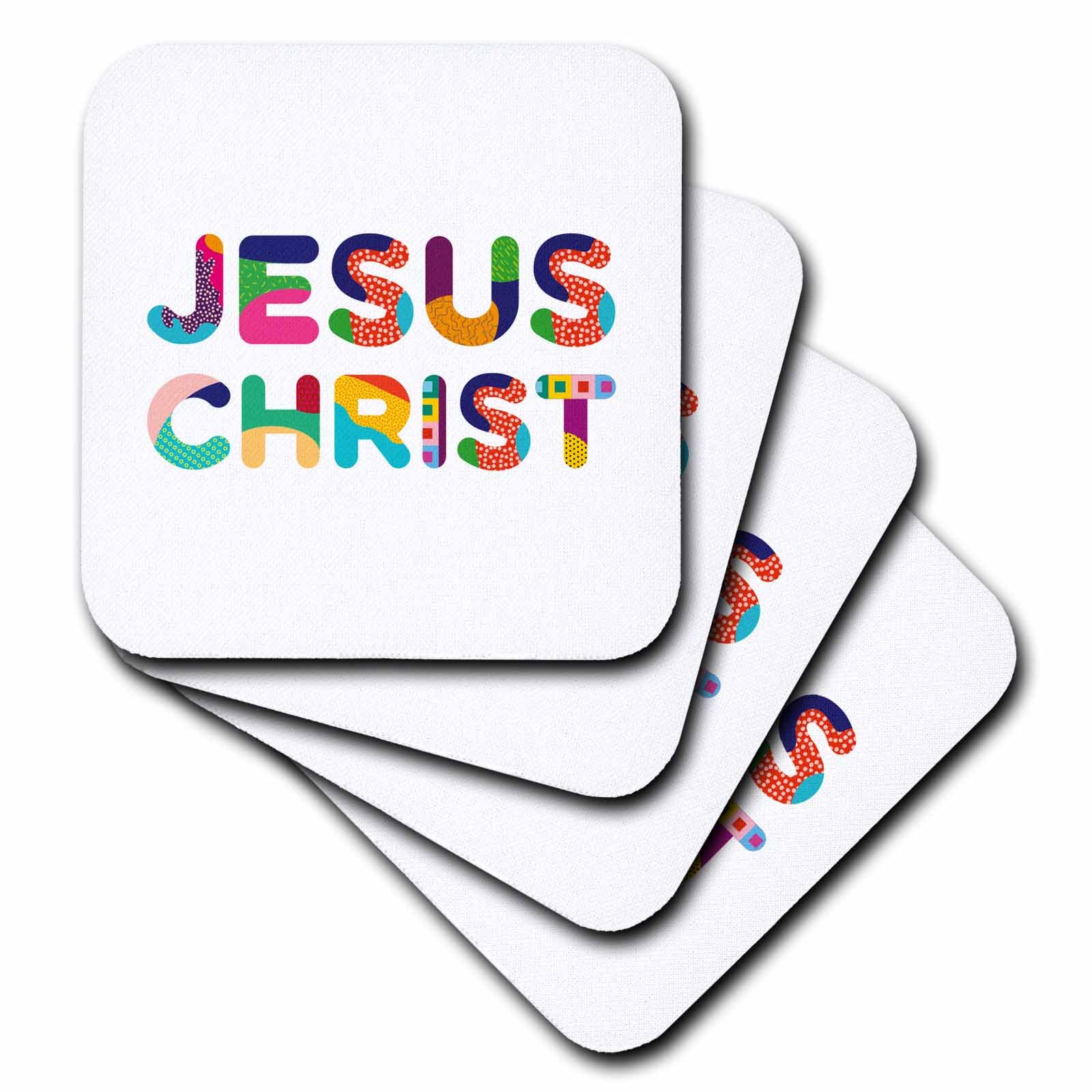 Set of coasters with colorful “Jesus Christ” typography on white square tiles.