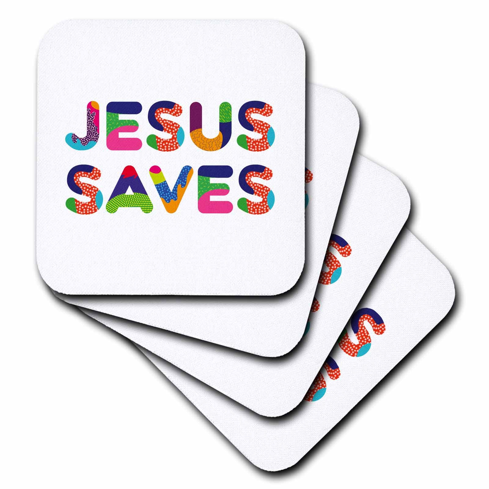 Square white coaster with colorful “Jesus Saves” typography