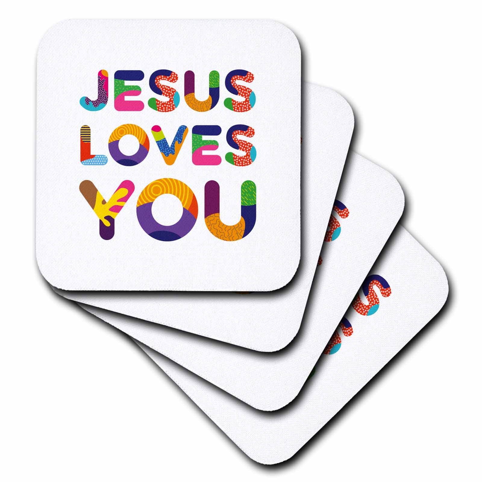 Angled set of square coasters showing colorful 'JESUS LOVES YOU' text on white surface