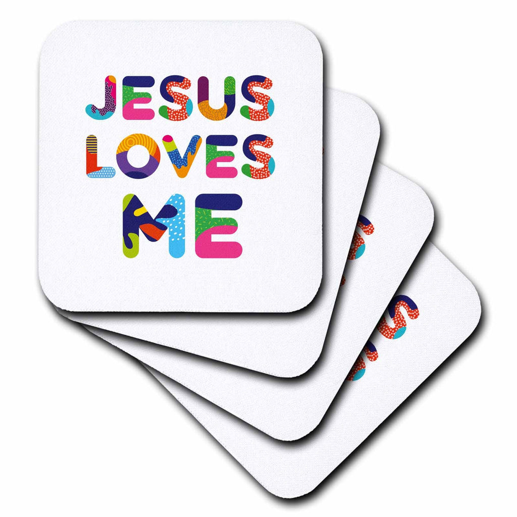 Set of square coasters with "JESUS LOVES ME" in multicolor print.