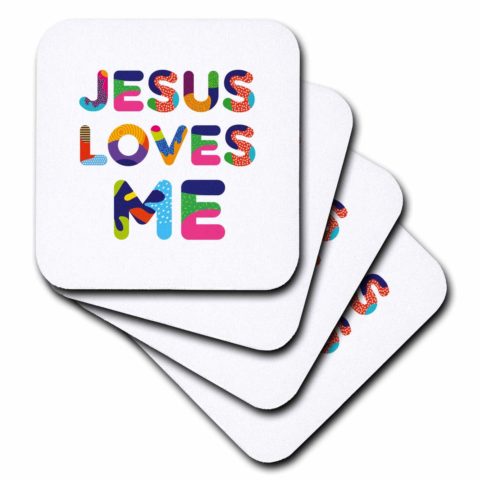 Square coasters with multicolor "JESUS LOVES ME" text on a light background.