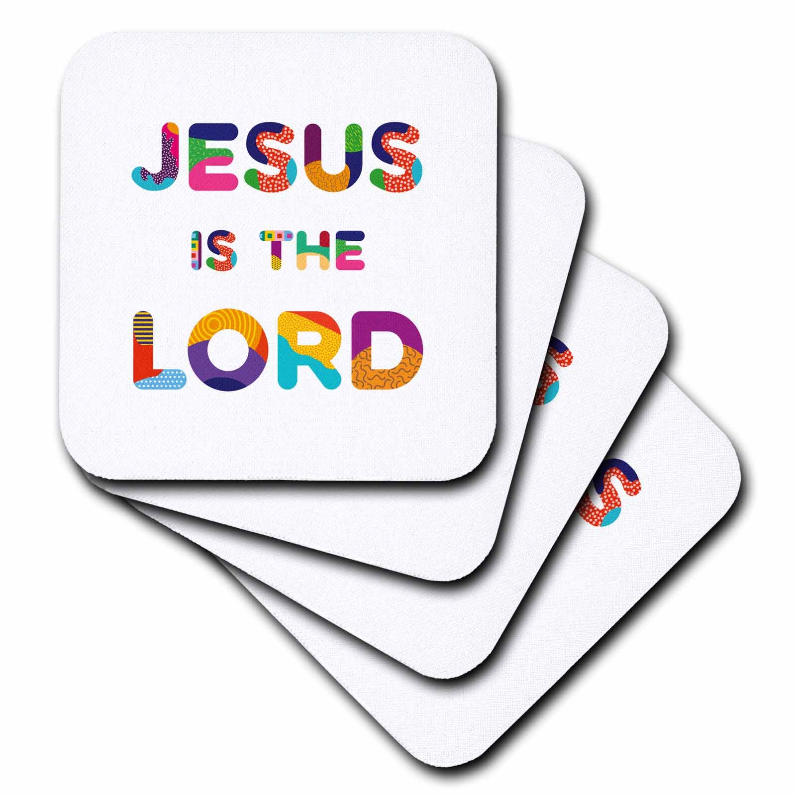 White square coasters with colorful “JESUS IS THE LORD” typography, stacked.