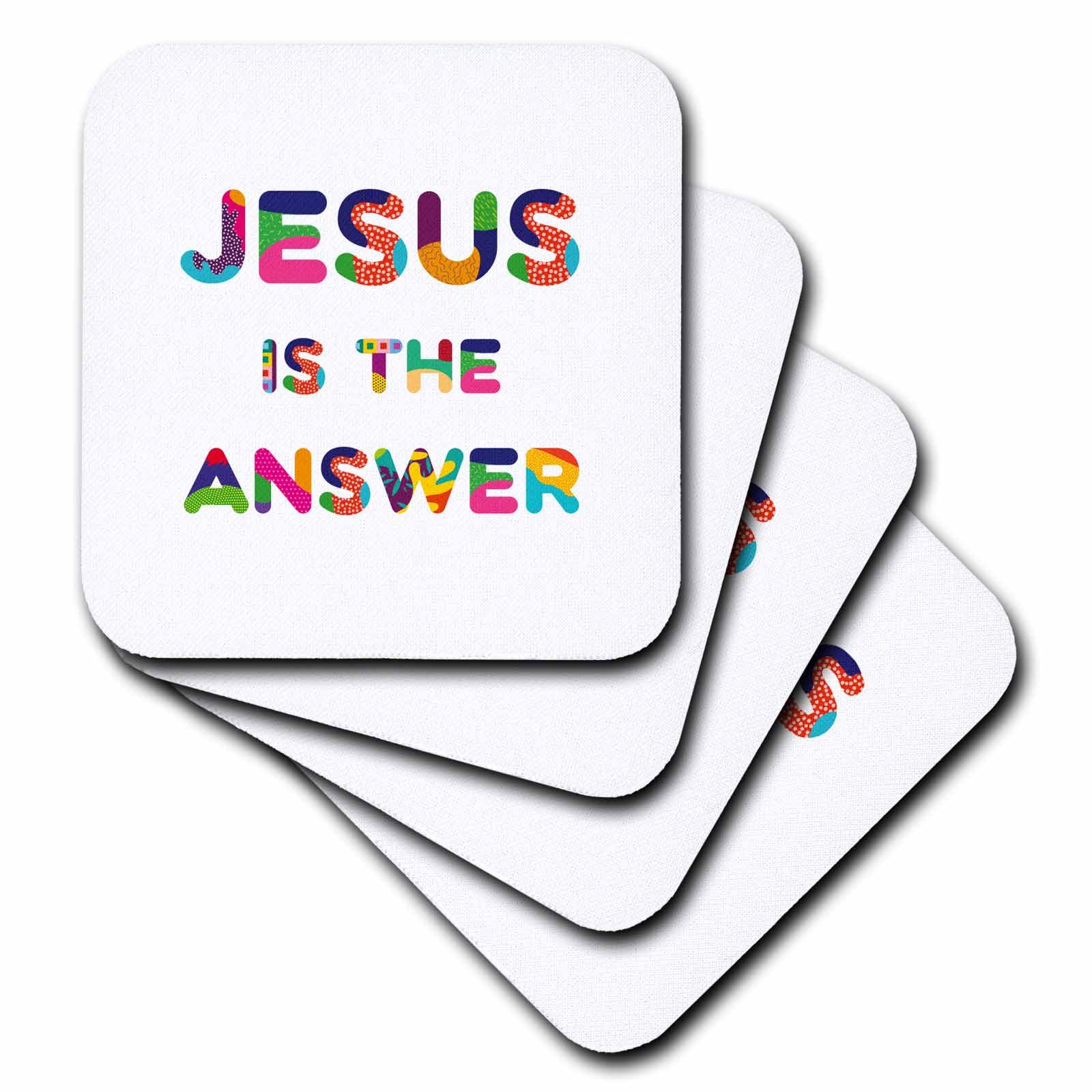 Square coasters with colorful "Jesus is the Answer" phrase on white bases