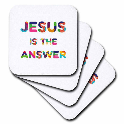Square coasters with colorful "Jesus is the Answer" lettering, stacked