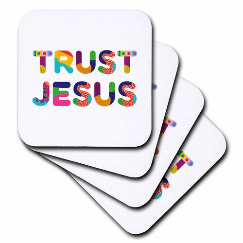 Square white coasters stacked, showing colorful “Trust Jesus” text
