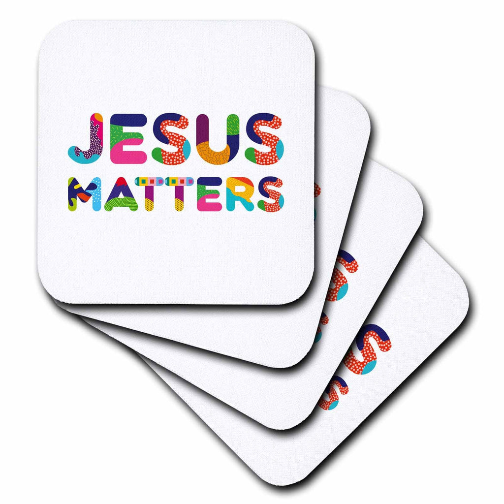 Stacked square coasters featuring colorful "JESUS MATTERS" text on white