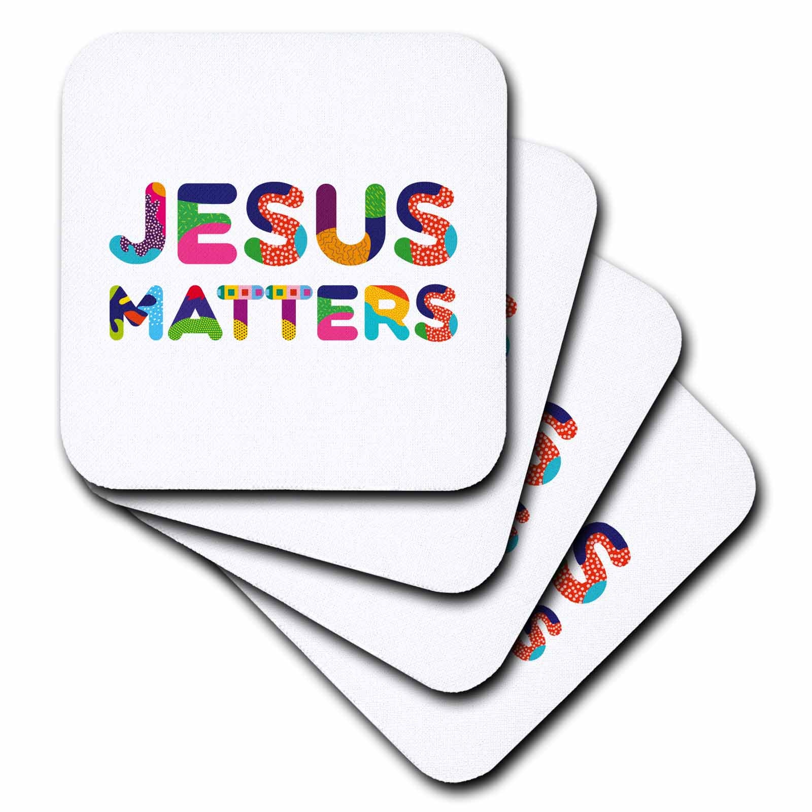 Stacked square coasters featuring colorful "JESUS MATTERS" text on white