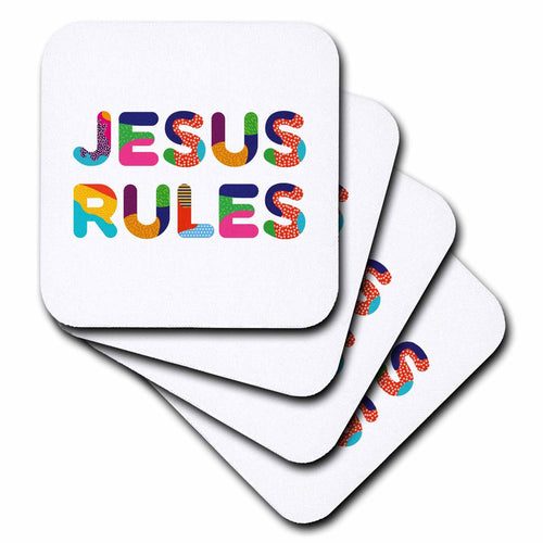 Stacked square coasters with "Jesus Rules" colorful text design on top.