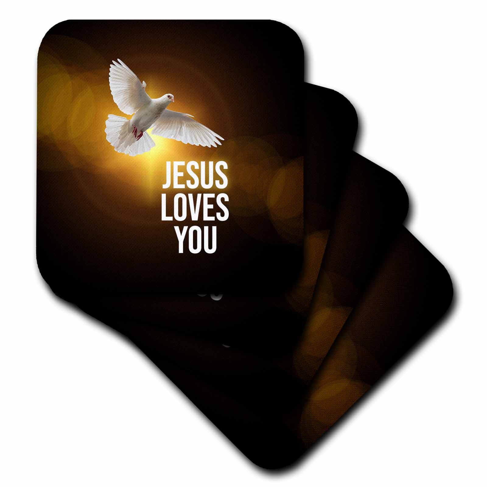 Dark coasters featuring a white dove above the words "JESUS LOVES YOU"
