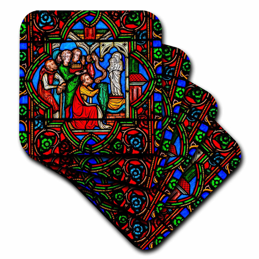 Heart-shaped decorative coaster showing Mary and Jesus in stained-glass artwork