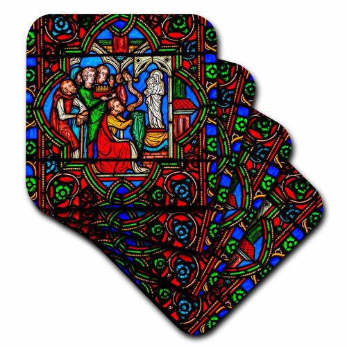 Heart-shaped coaster featuring Mary and Jesus in a colorful stained-glass pattern