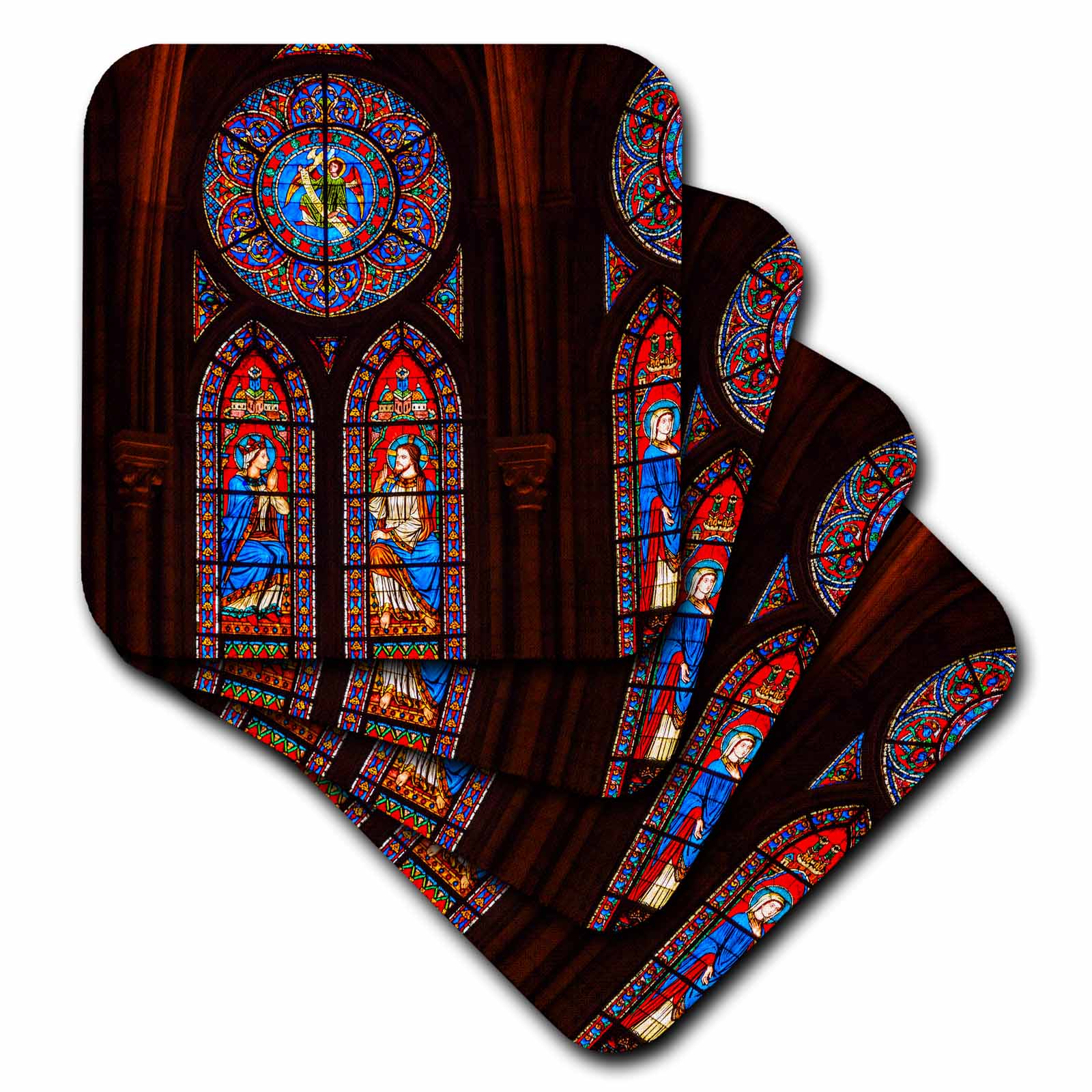 Stained-glass coaster set showing tall arched window scenes in blue and red