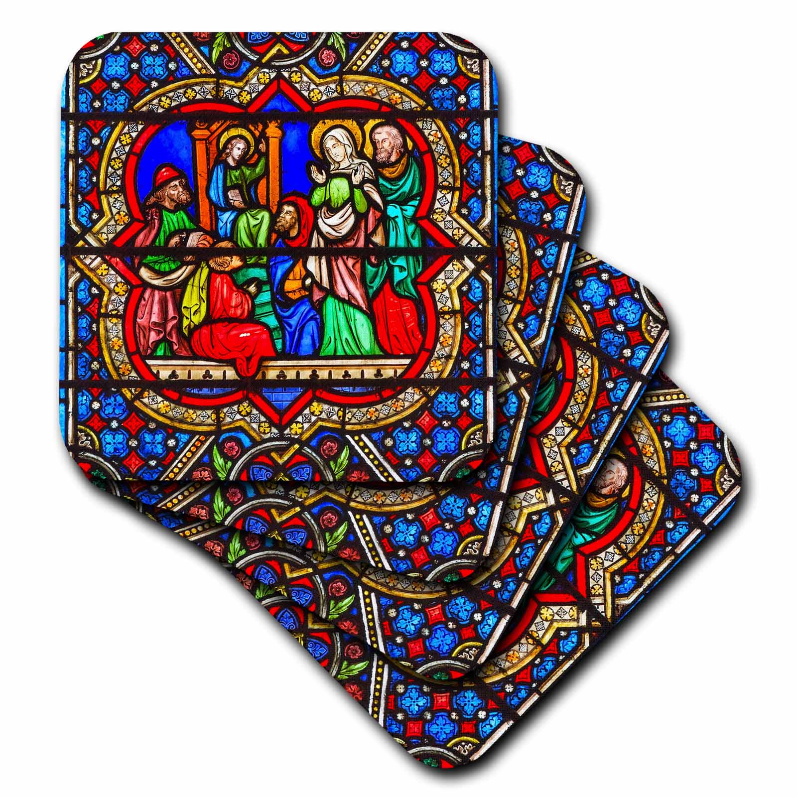Overlapping decorative coasters with stained-glass-style figures and ornate border