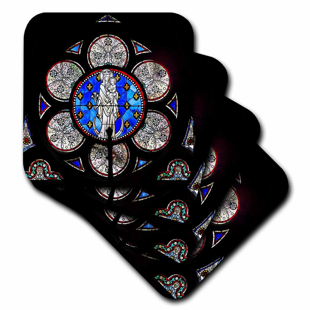 Coasters featuring a stained-glass figure in blue and white with dark trim