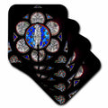 Coasters featuring a stained-glass figure in blue and white with dark trim