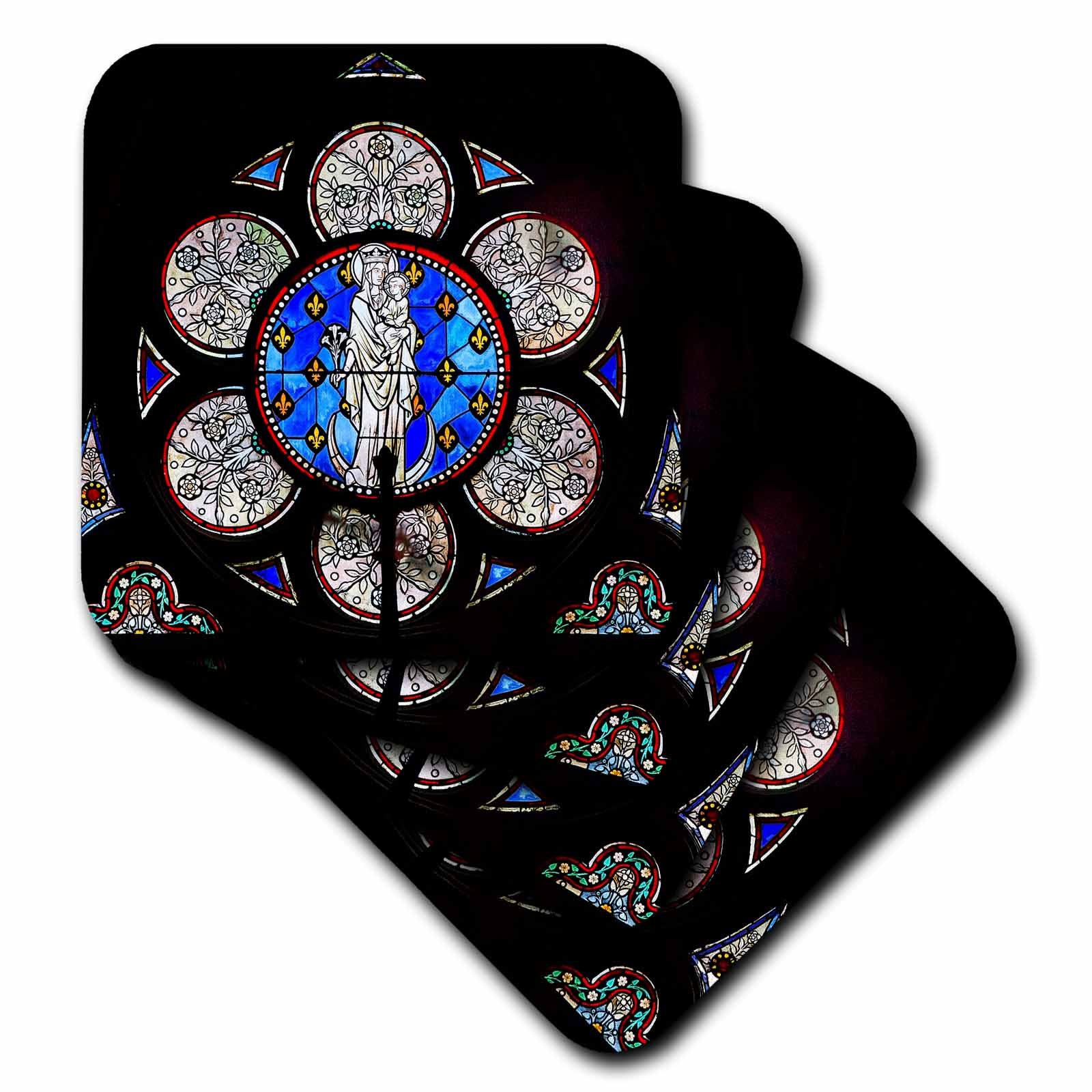 Coasters with stained-glass cathedral design, blue and red figures on dark