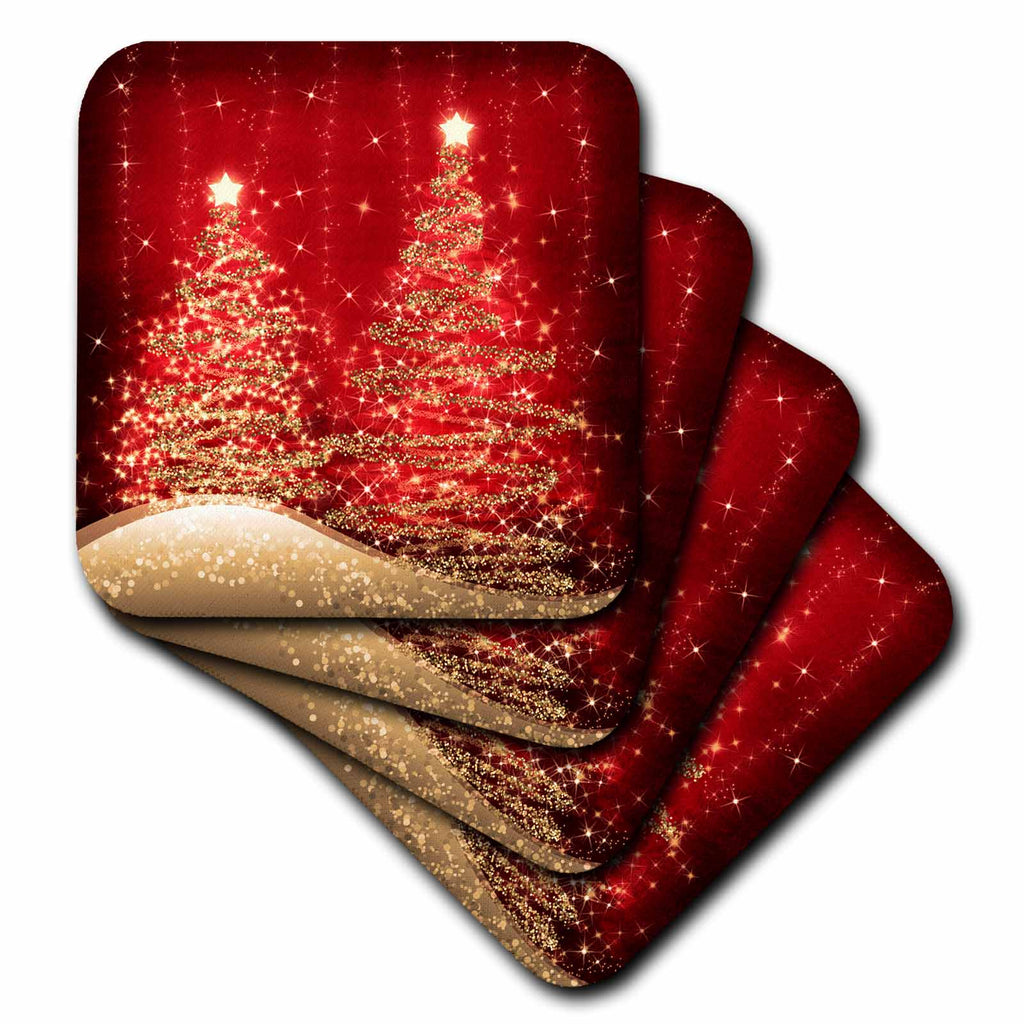 Set of four square red coasters featuring sparkling Christmas trees and gold glitter