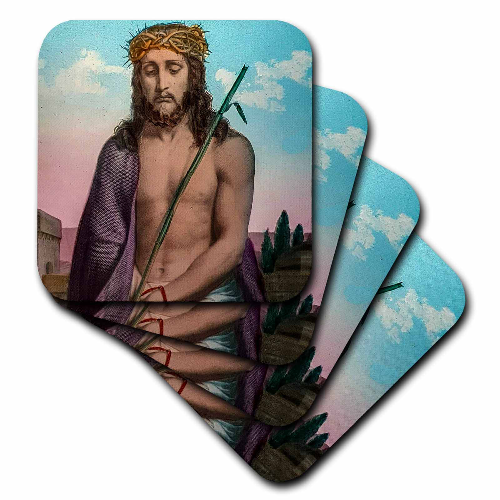 Jesus portrait vintage square coasters, rounded corners; blue sky artwork set