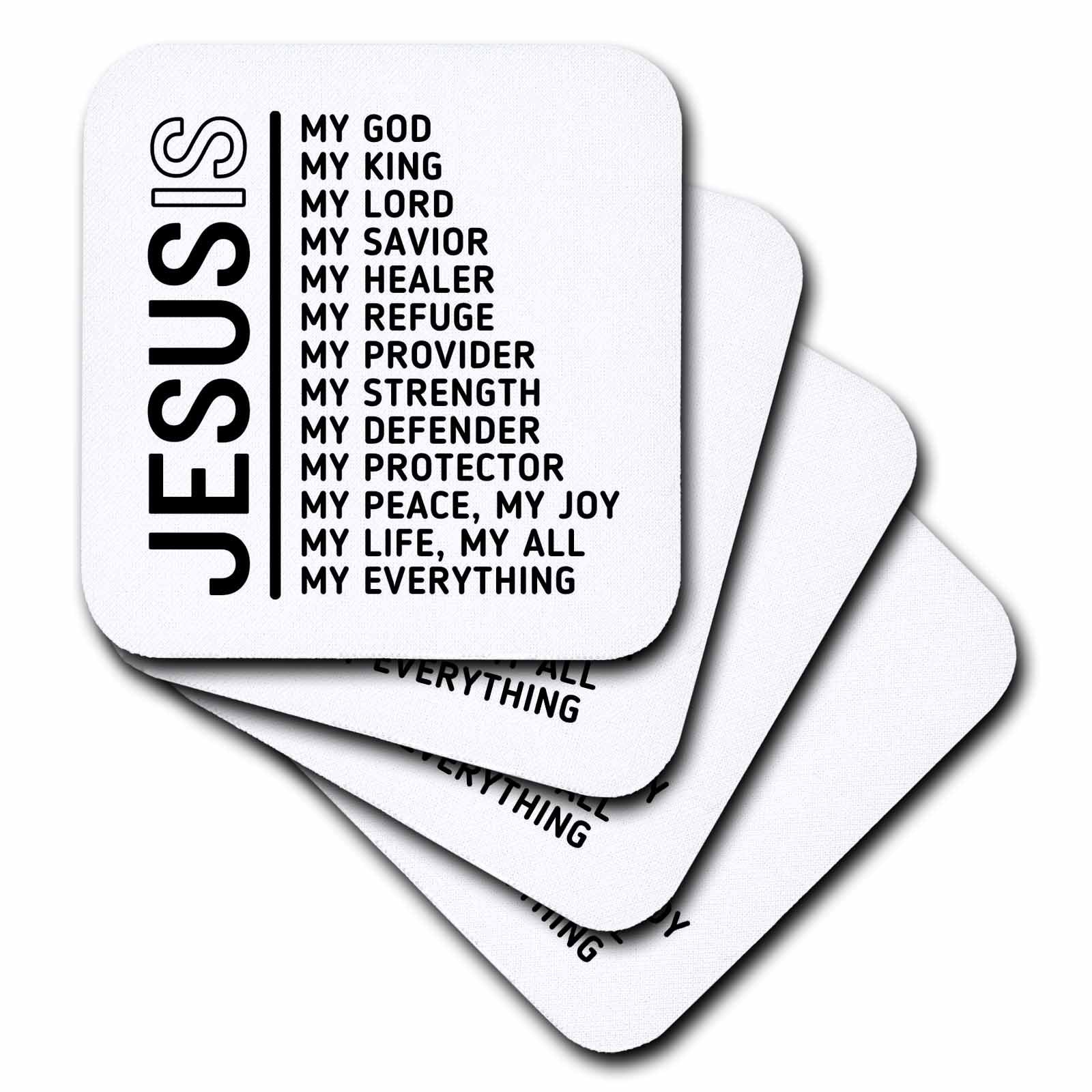 Set of coasters: stack of white square tiles with black “JESUS” and verse text.