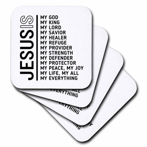 Set of coasters: stack of white square tiles with black “JESUS” and verse text.
