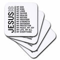 Set of coasters in a stack: white square tiles with black “JESUS” and Bible verse wording.