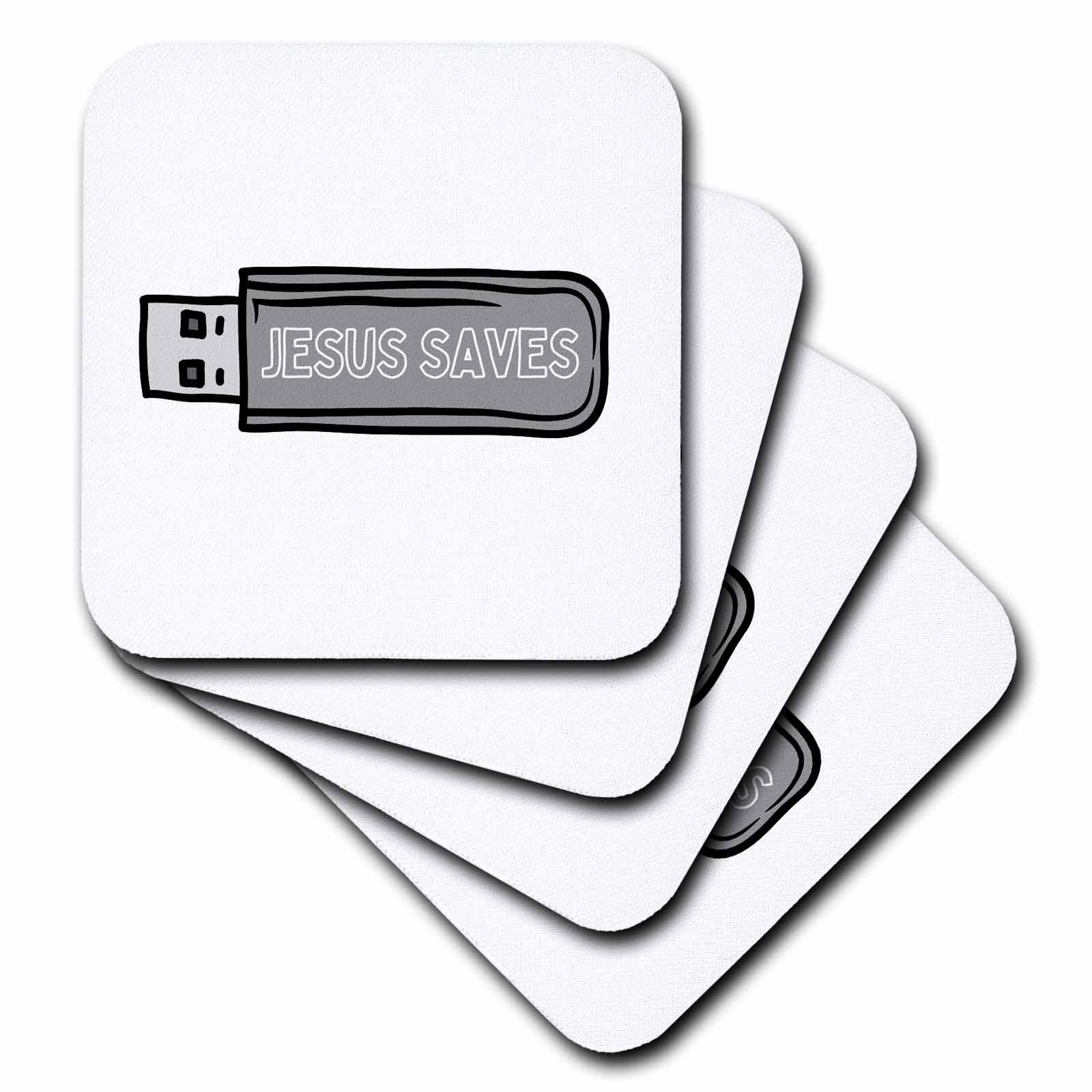 Square coaster set with “JESUS SAVES” text in a black USB stick graphic