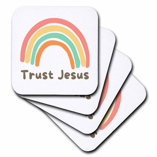 Stacked square coasters with rainbow arch and 'Trust Jesus' phrase