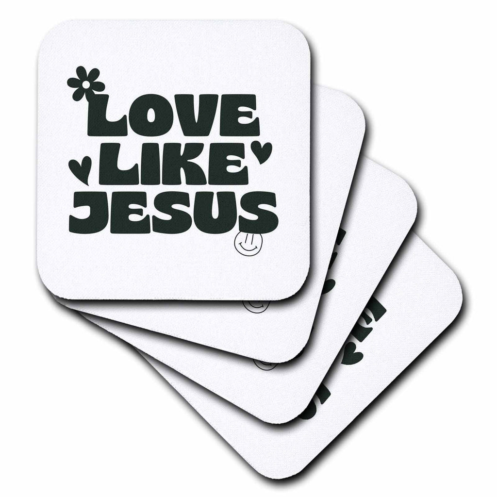 White square drink coasters stacked, 'Love Like Jesus' phrase in dark green and black