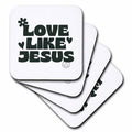 White square drink coasters stacked, 'Love Like Jesus' phrase in dark green and black
