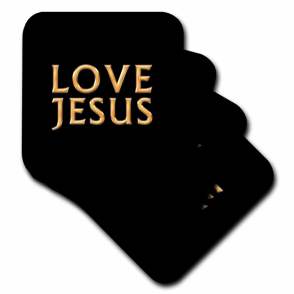 Black coaster card with gold “LOVE JESUS” text