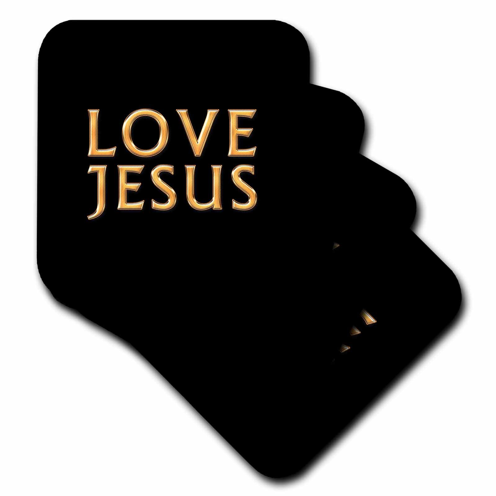 Black coaster card with gold “LOVE JESUS” text