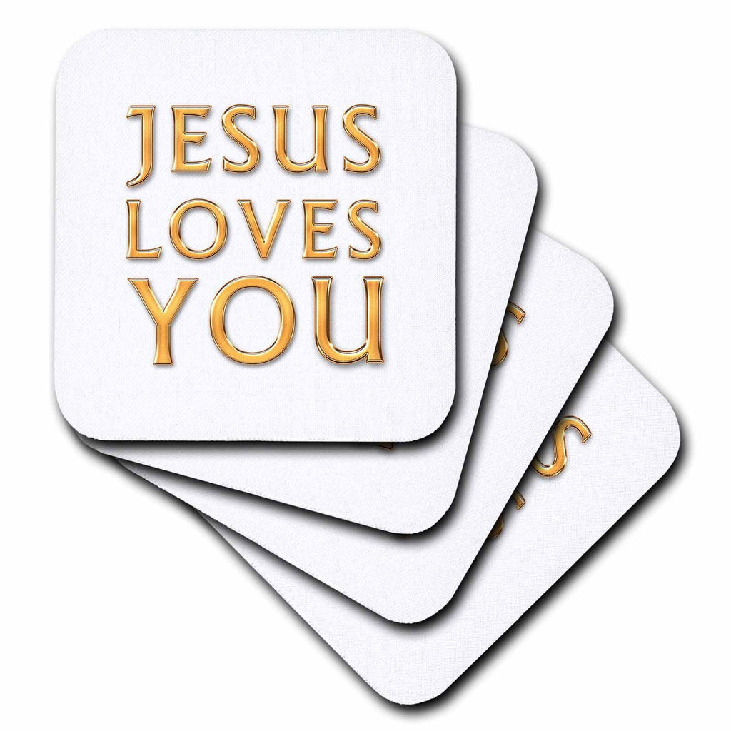 Set of square coasters with gold “JESUS LOVES YOU” text on a white surface