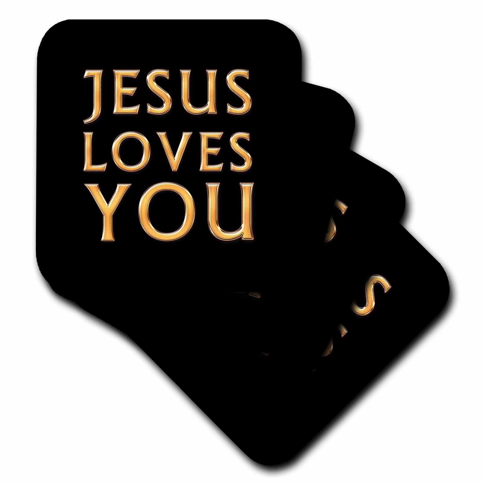 Rounded-edge square coaster in black with yellow “JESUS LOVES YOU” message