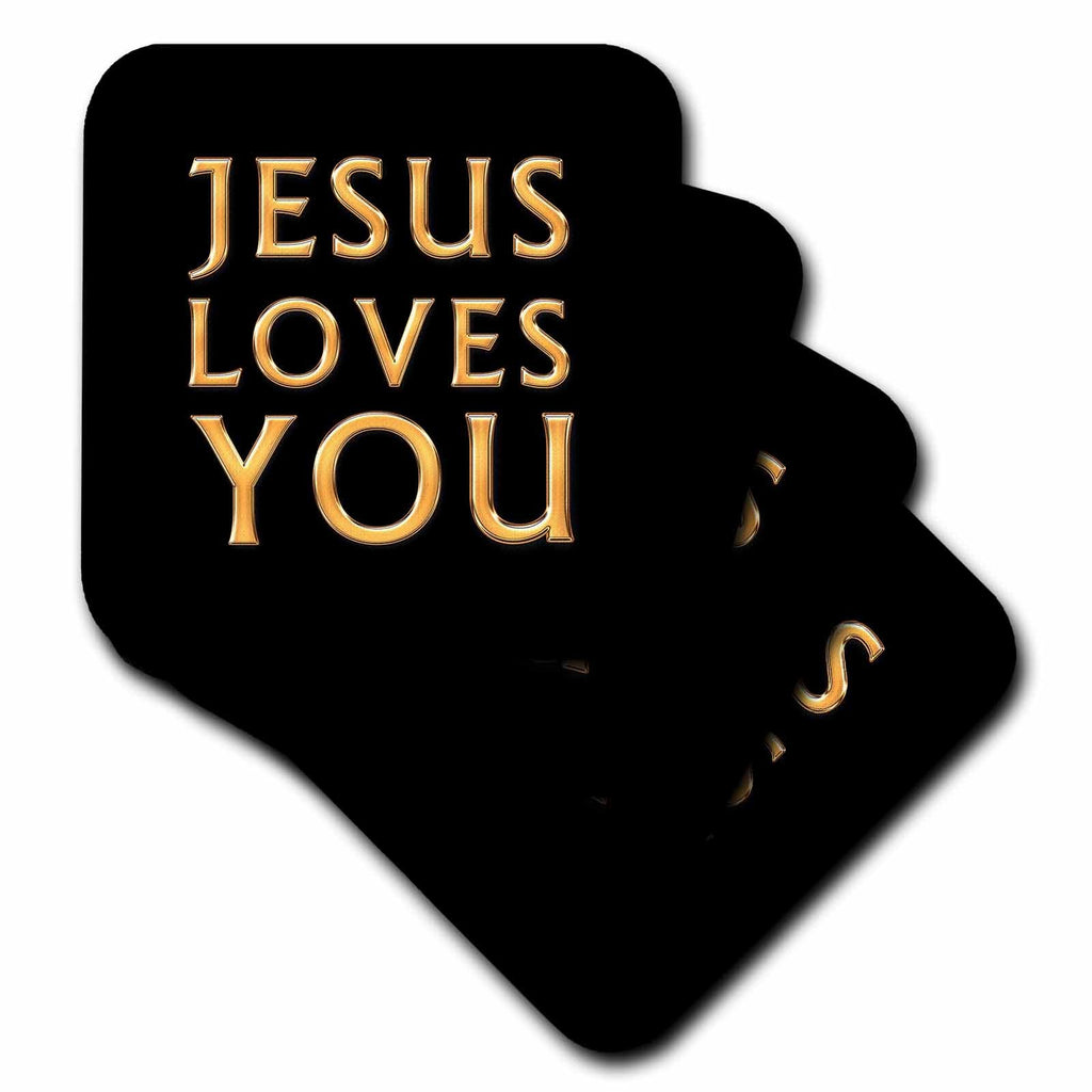 Square coaster with rounded edges, black surface and yellow “JESUS LOVES YOU” text