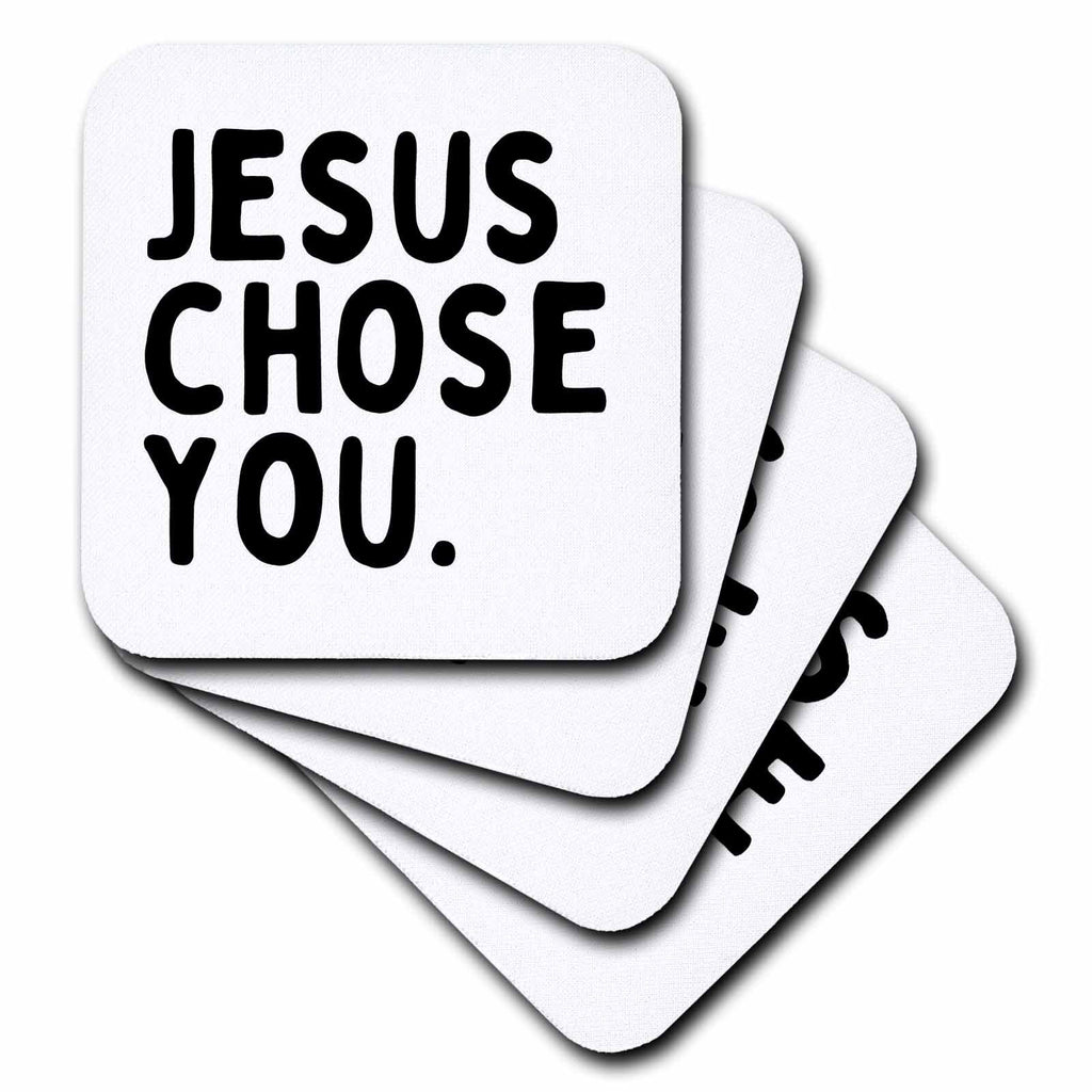 Stack of square coasters, white surface with 'JESUS CHOSE YOU.' lettering in black and blue