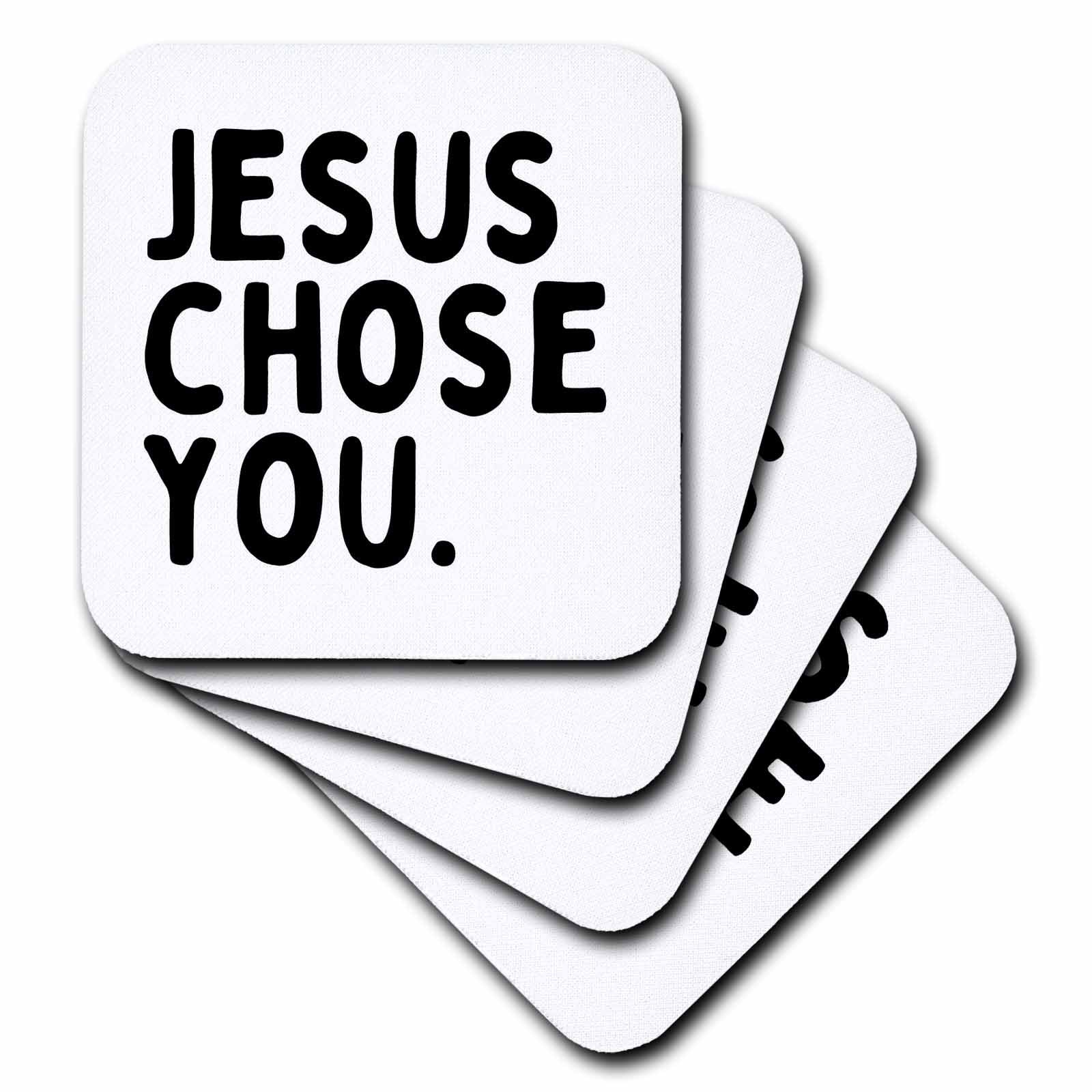 Square coaster set with rounded corners, white with black and blue 'JESUS CHOSE YOU.'