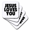 Overlapping square coasters with black “JESUS LOVES YOU” lettering