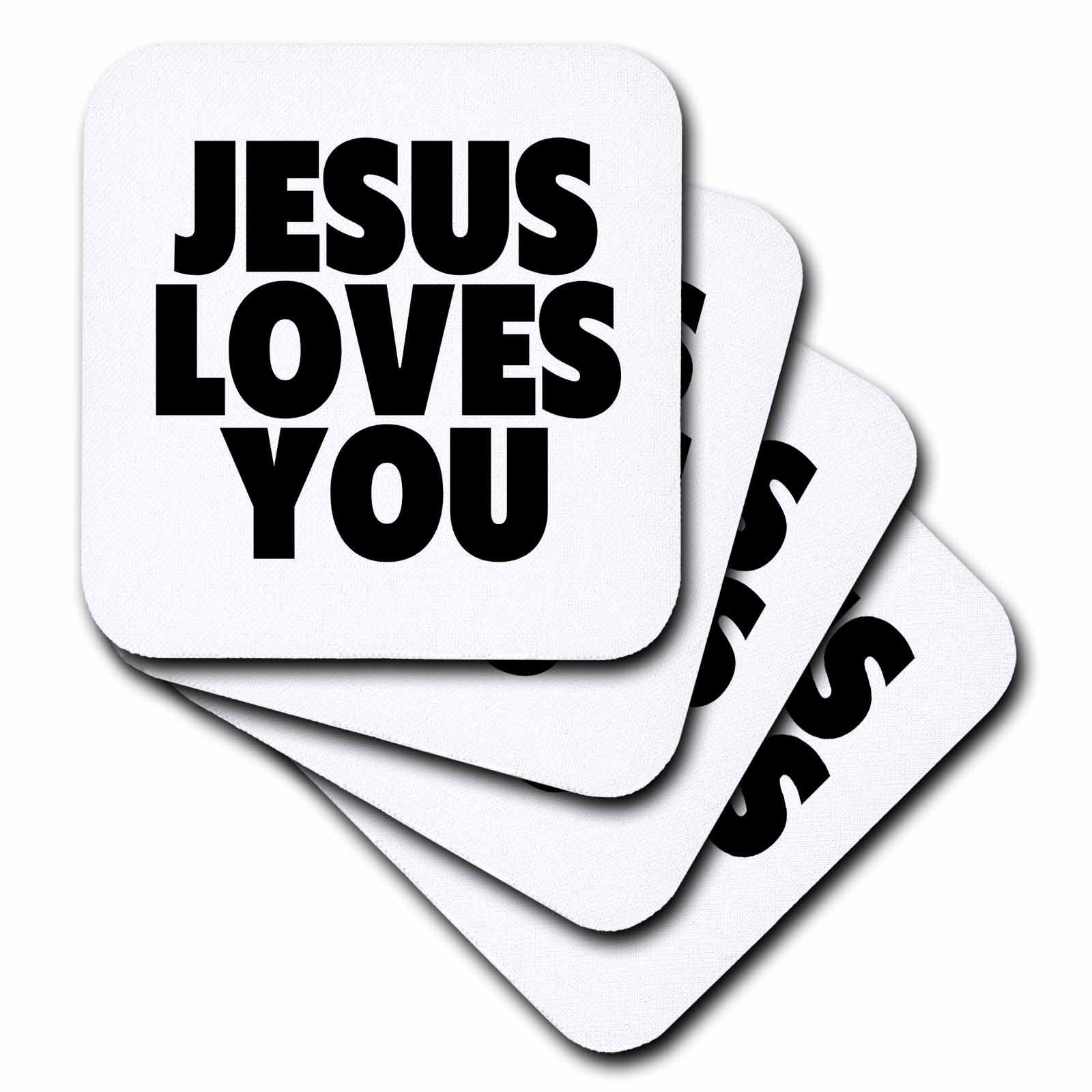 Overlapping square coasters with black “JESUS LOVES YOU” lettering