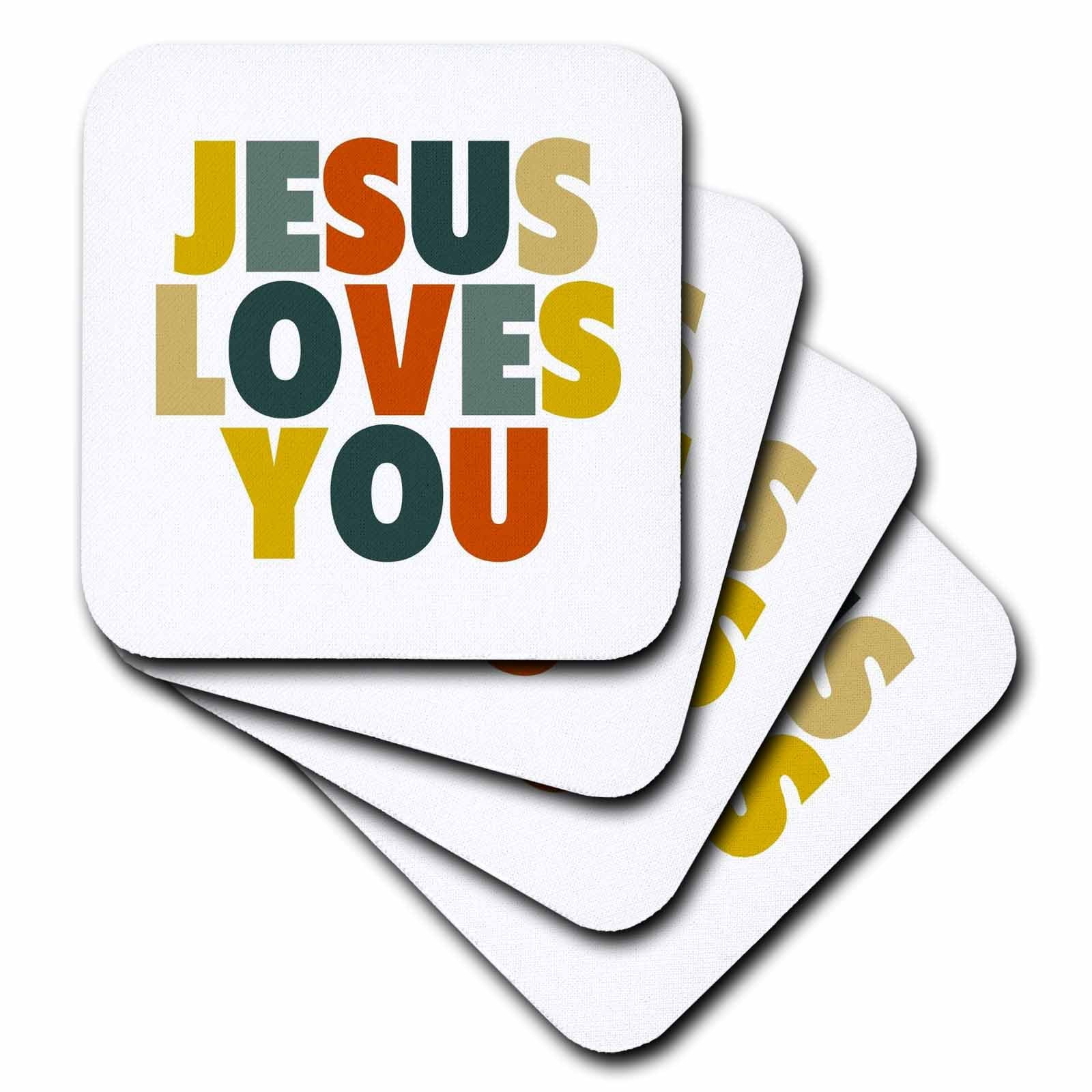 Square coaster stack featuring retro “JESUS LOVES YOU” design