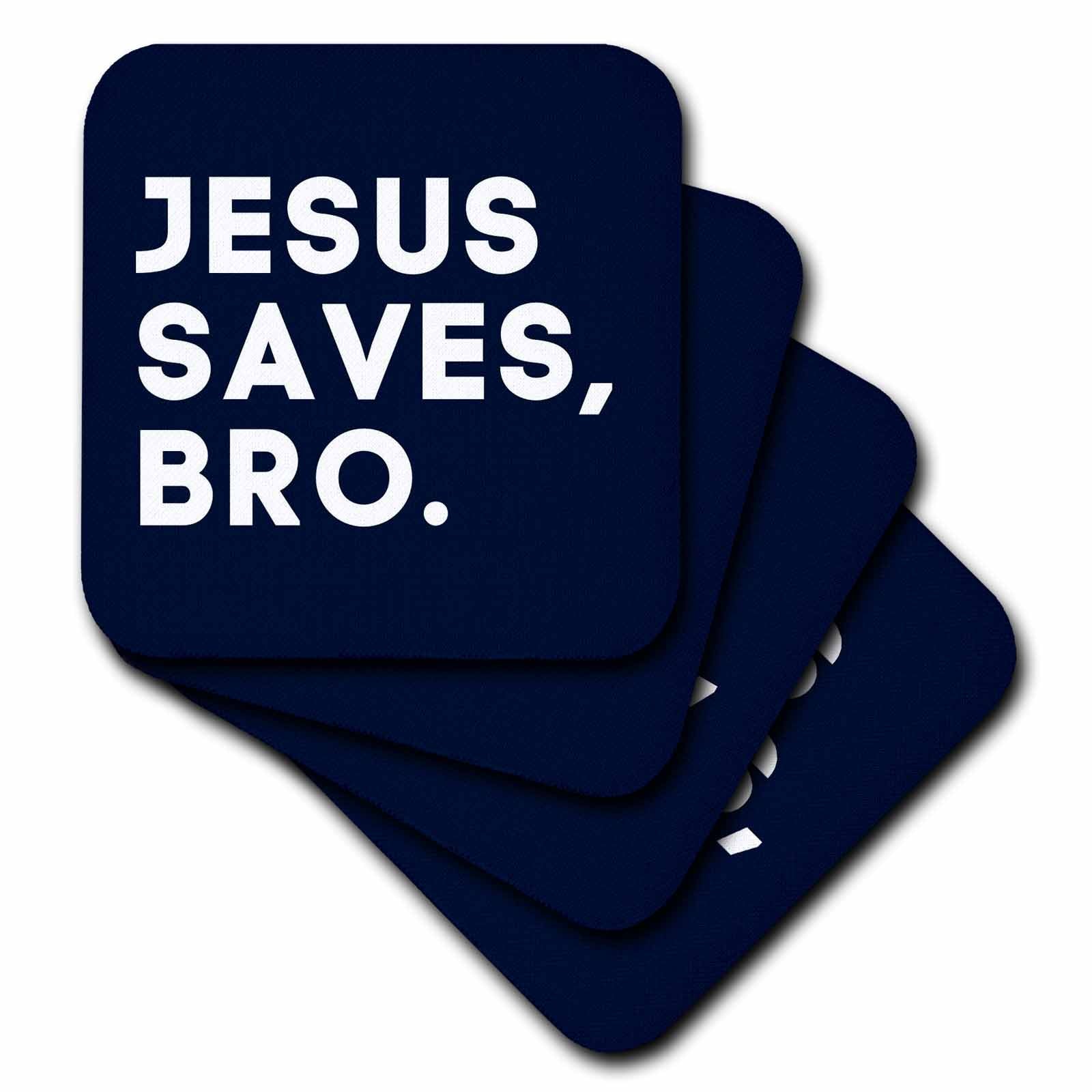 Blue coaster set, rounded squares, white text: 'JESUS SAVES, BRO.'