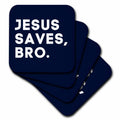 Blue square coasters with rounded corners, white 'JESUS SAVES, BRO.' text