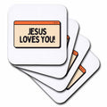 Square coaster set with 'JESUS LOVES YOU' lettering on beige label with orange frame