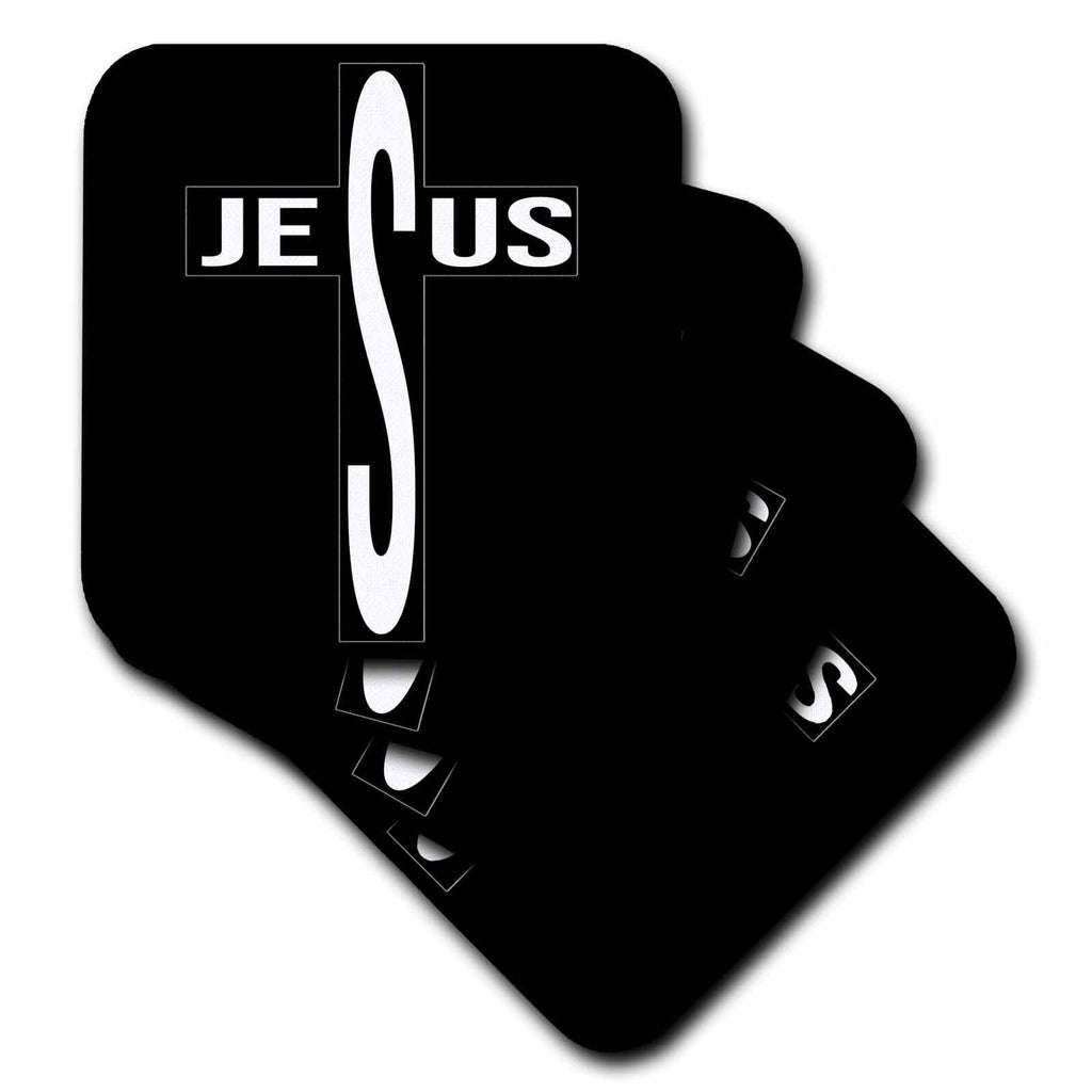 Black coasters with white cross and Jesus lettering, stacked look