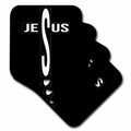 Black coasters with white cross and Jesus lettering, stacked look