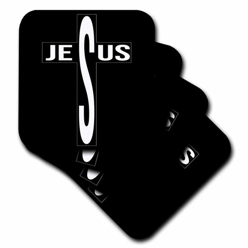 Black coasters with white cross and Jesus lettering, angled view