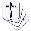 Square coaster set with black JESUS lettering and faint cross design on white tiles, stacked