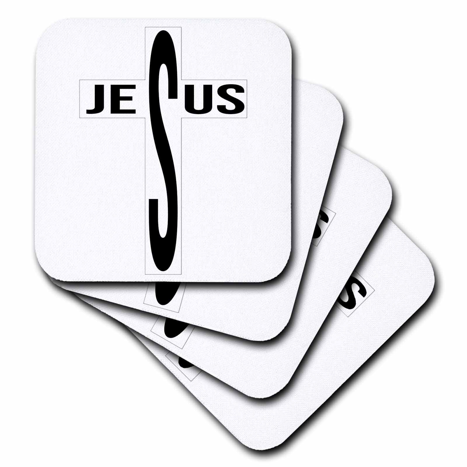 Square coasters with black JESUS text and a cross design on white surfaces, stacked set