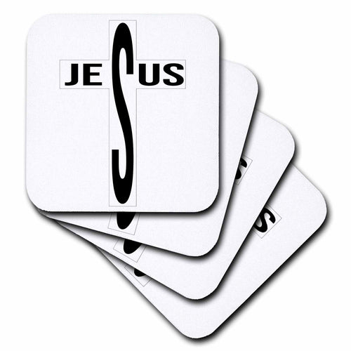 Set of square coasters, white with black JESUS lettering and cross mark, stacked