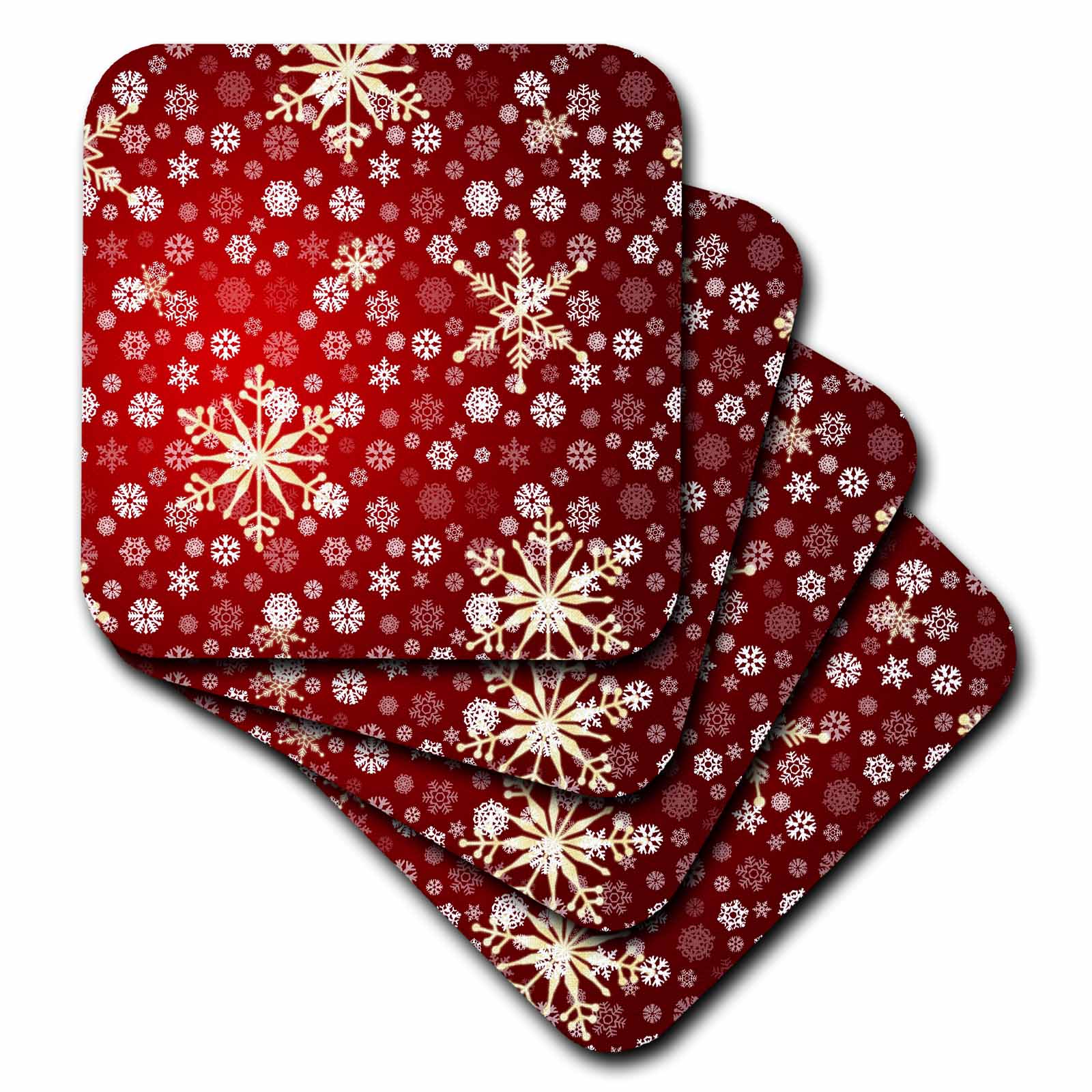 Red and white Christmas snowflake coasters with gold accents, stacked set
